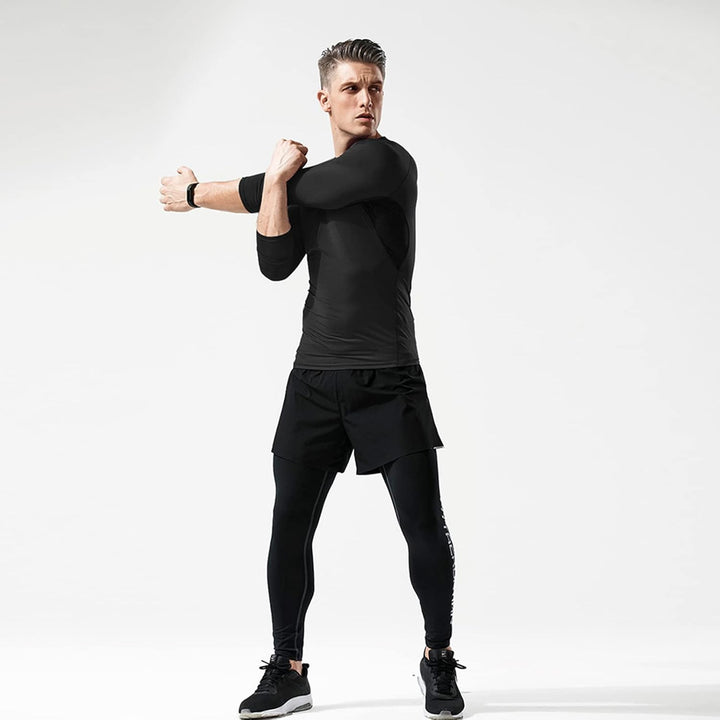meeteu 5pcs Herren Sportbekleidung Fitness Set, Atmungsaktiv Funktionsshirt Herren Langarm+Hoodies+K