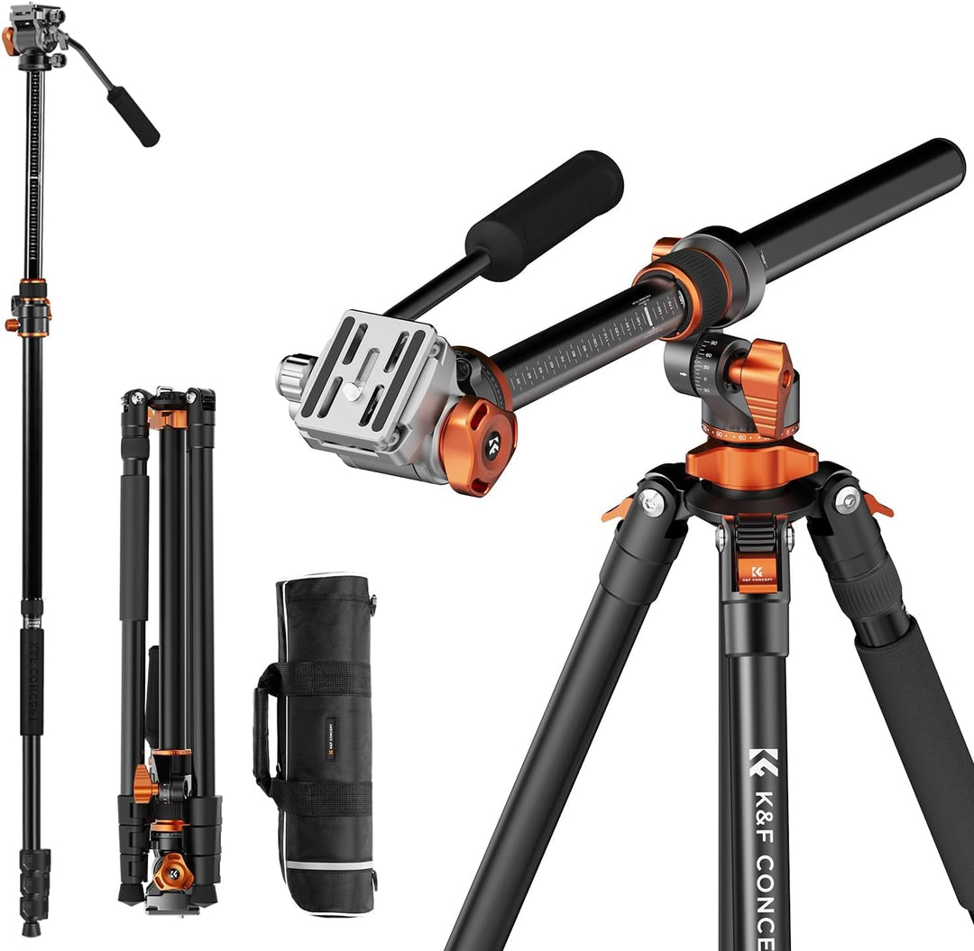 Kamera Stativ,K&F Concept Videostativ Video Tripod mit Fluidkopf,231cm Stativ mit 90° Mittelsäule un
