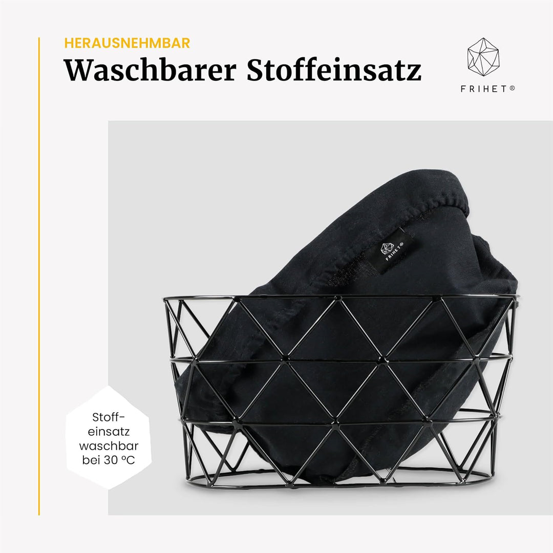 FRIHET 2-in-1 Brotkorb & Obstschale - Metall - waschbare Einlage aus 100% Baumwolle - oval - schwarz