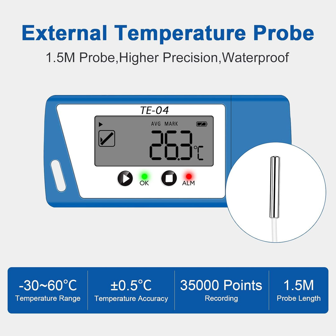 ThermElc TE-04 ET Temperatur Logger mit externer Sonde, grossem Display, Aufzeichnungspausenfunktion