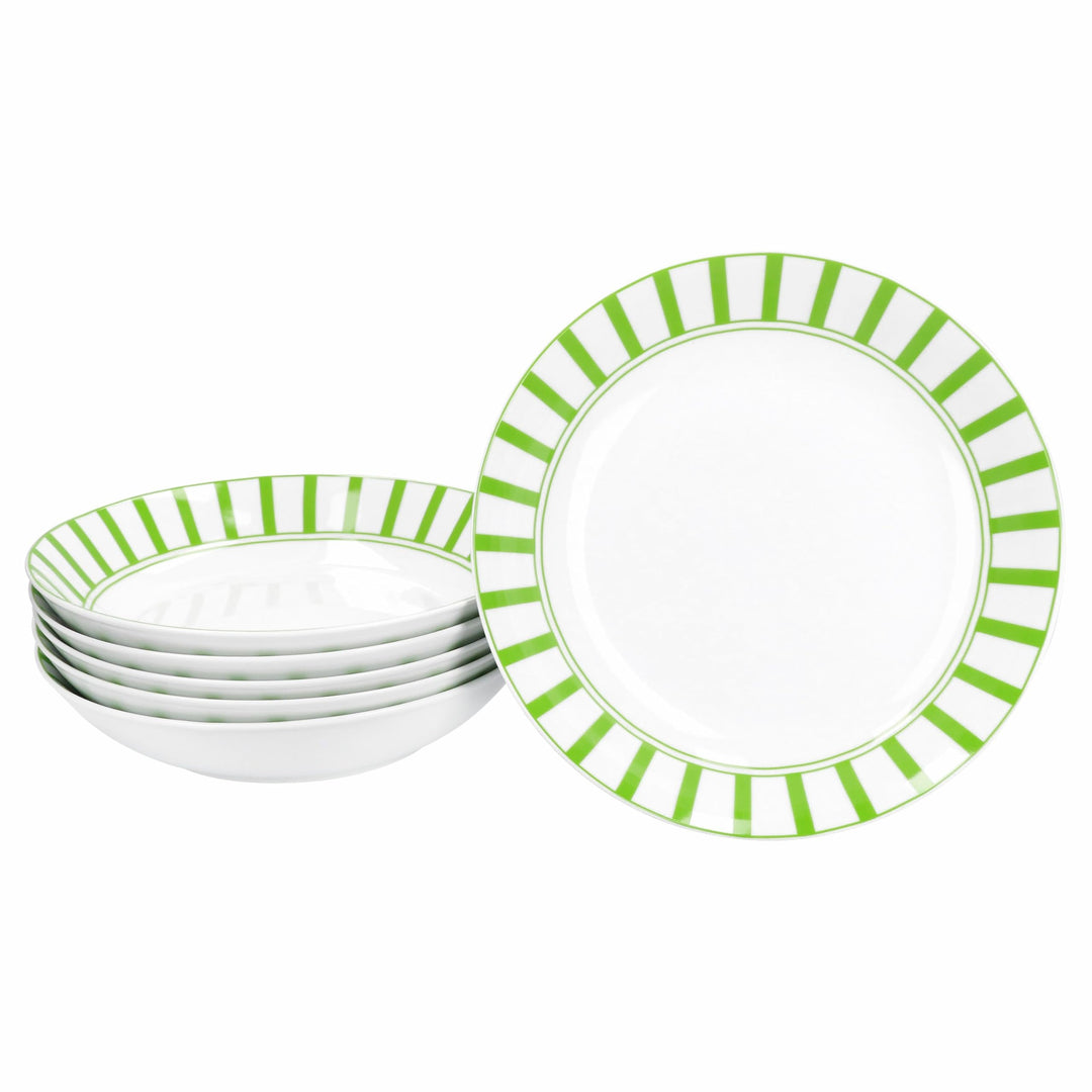 MamboCat Split grün 6er Set Suppenteller I 450ml I weisses Porzellan-Geschirr mit Streifen für 6 Per