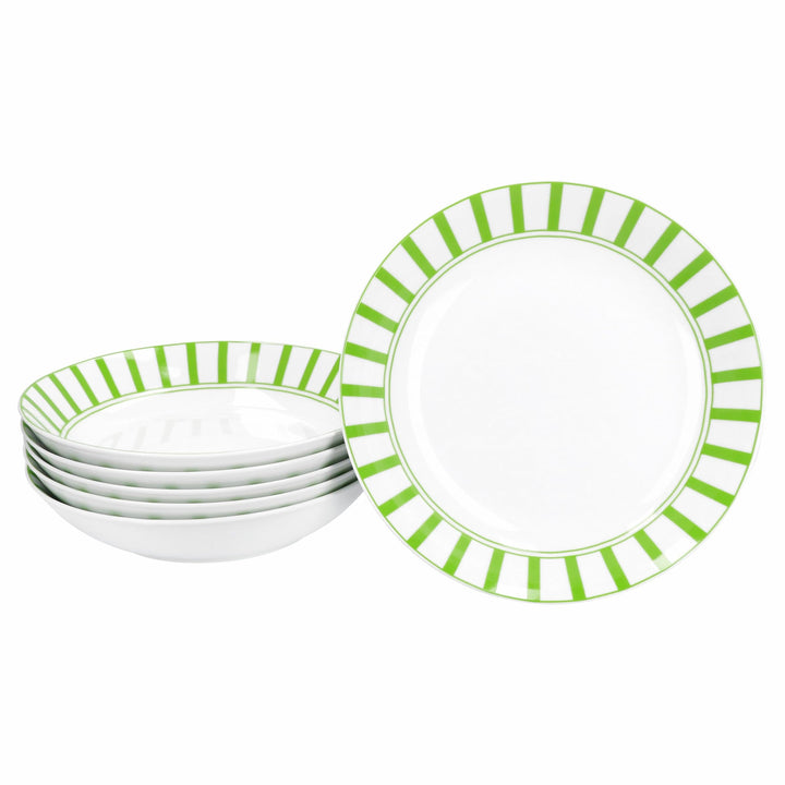MamboCat Split grün 6er Set Suppenteller I 450ml I weisses Porzellan-Geschirr mit Streifen für 6 Per