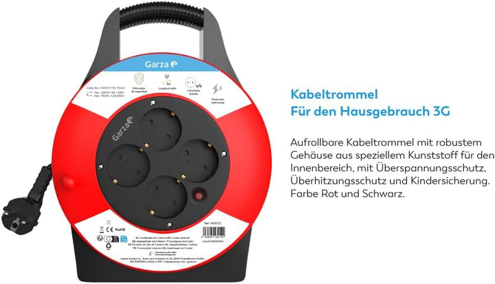 Garza - 5 Meter Kabeltrommel mit Handgriff, 4 Schuko-Steckdosen, schwarz und rot, 5 m Rot/Schwarz