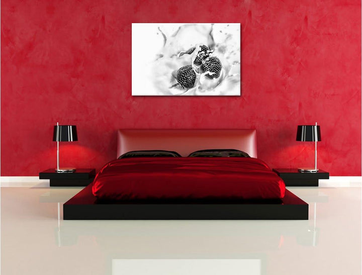 Pixxprint Monocrome, Erdbeeren in Milch Erdbeermilch, Format: 100x70 auf Leinwand, XXL riesige Bilde