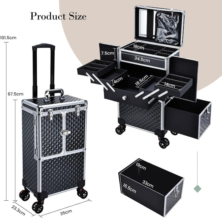 Kosmetik Trolley Friseurkoffer mit Schublade und Spiegel Kosmetikkoffer mit 4 Tabletts Make up Koffe