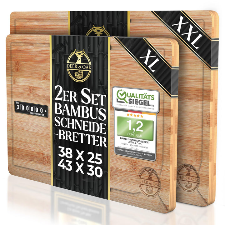 Deer & Oak Schneidebrett Holz Set – XXL & Gross (43x30 & 38x25cm) Bambus Küchenbretter, Vorgeölt, Me