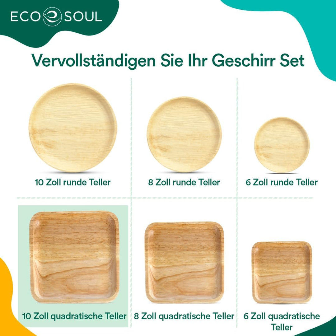 ECO SOUL 100% kompostierbare 25 cm, quadratische Palmblatt Teller [25 Stück] |Premium Palmblatt Gesc