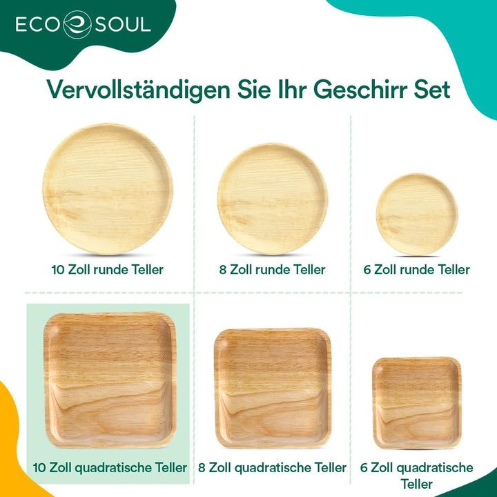 ECO SOUL 100% kompostierbare 25 cm, quadratische Palmblatt Teller [25 Stück] |Premium Palmblatt Gesc