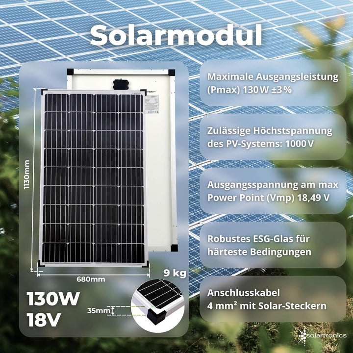 solartronics Komplettset 1x130 Watt Solarmodul 600 Watt Wandler Laderegler Photovoltaik Inselanlage
