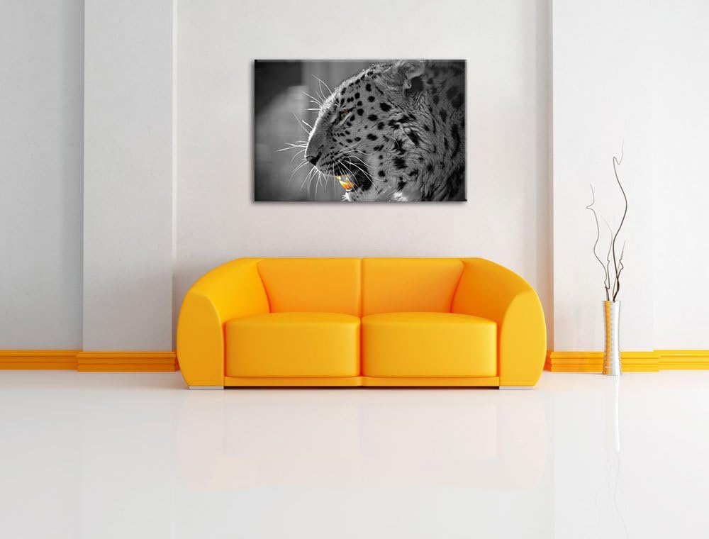 brüllender Leopard schwarz/weiss auf Leinwand, XXL riesige Bilder fertig gerahmt mit Keilrahmen, Kun