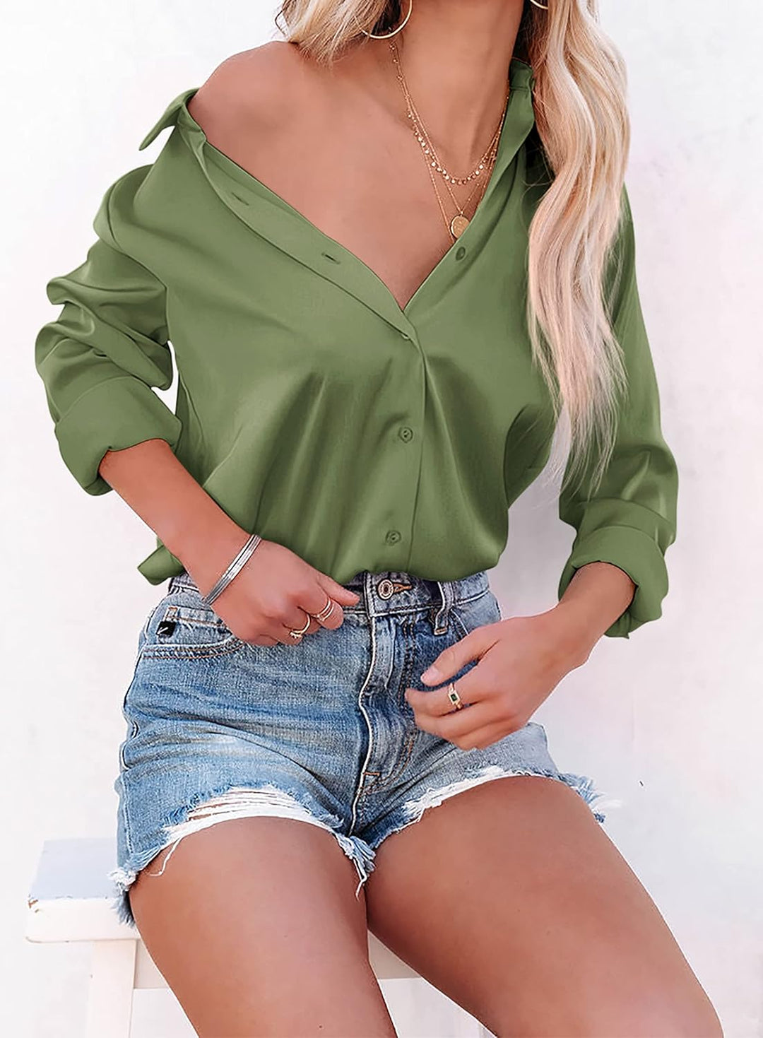 NONSAR Bluse Damen Elegant Lange Ärmel Hemdbluse mit Stehkragen Büroblusen Lässige Oberteile S Armee