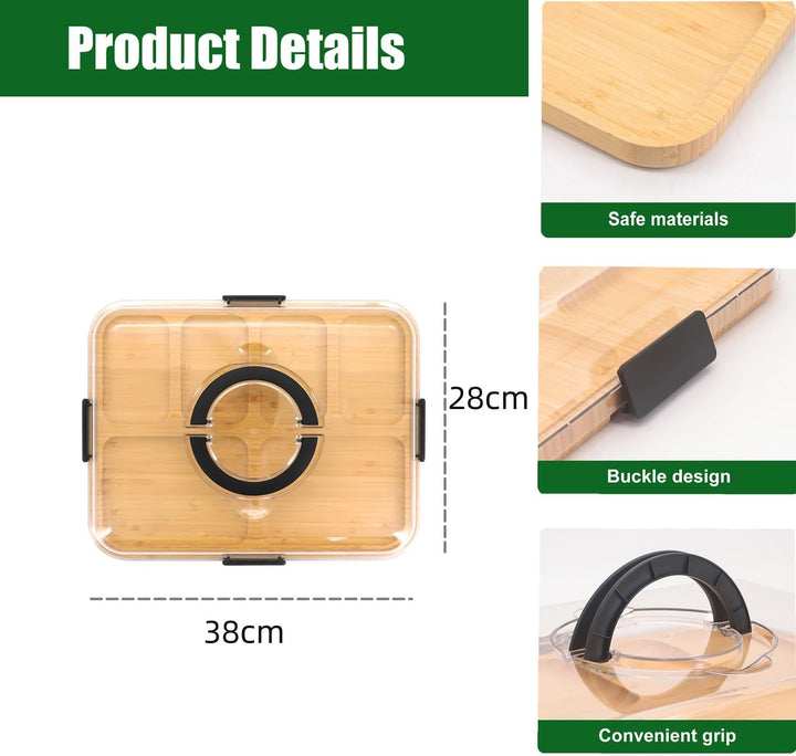 Charcuterie Board with Clear Lid and Handle, Portable Bamboo Snackle Box Container Cutting Board Che