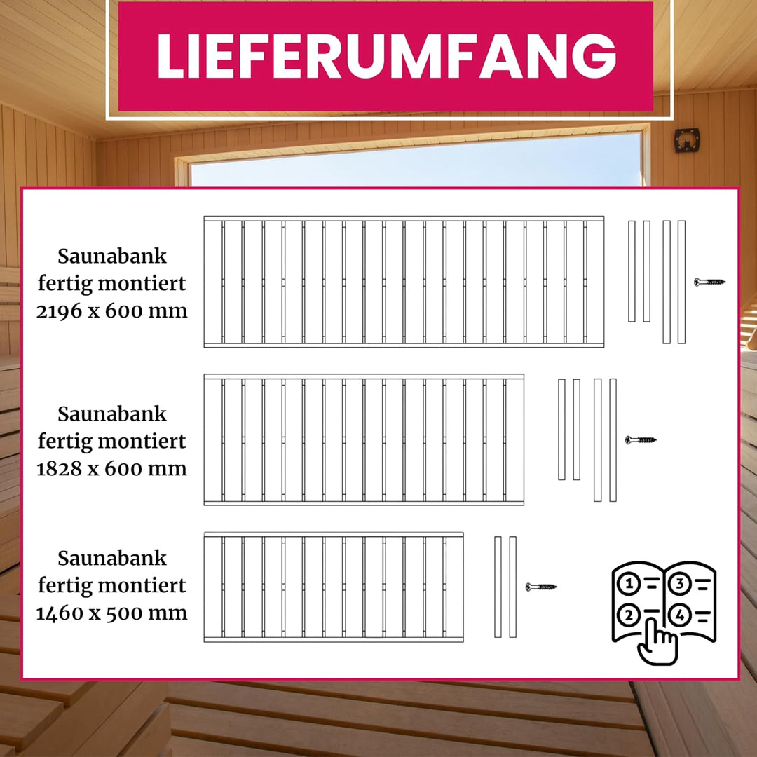 Suleno® Sauna Zubehör – Saunaliege Holz aus Hemlock, kürzbar, astarm – Saunabank LARVIK in 3 Grössen