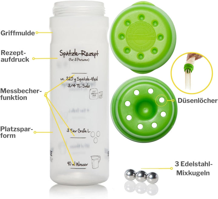 Spätzle-Shaker Shaker-Set (GRÜN) mit 875ml-Pfannkuchen-Shaker + 4-Portionen-Spätzle-Shaker Teigmixer