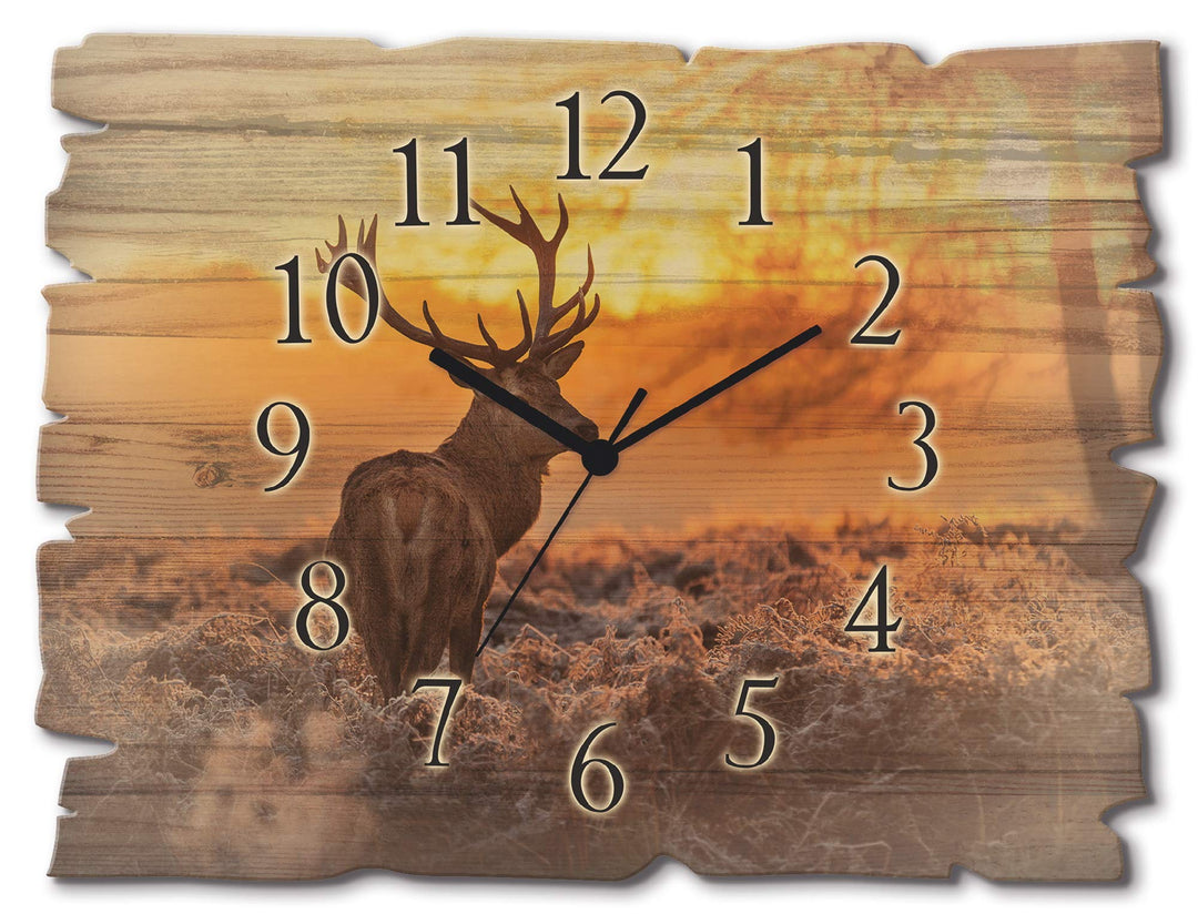 ARTLAND Wanduhr ohne Tickgeräusche aus Holz Funk Uhr lautlos 40x30 cm Rechteckig Landschaft Hirsch T