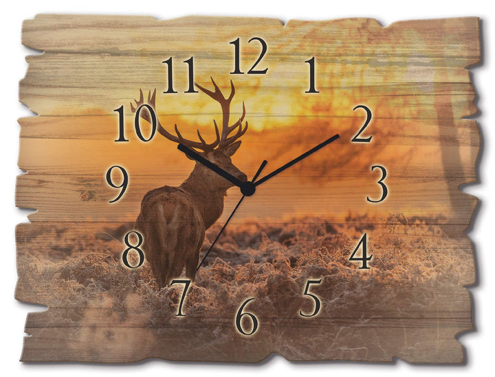 ARTLAND Wanduhr ohne Tickgeräusche aus Holz Funk Uhr lautlos 40x30 cm Rechteckig Landschaft Hirsch T