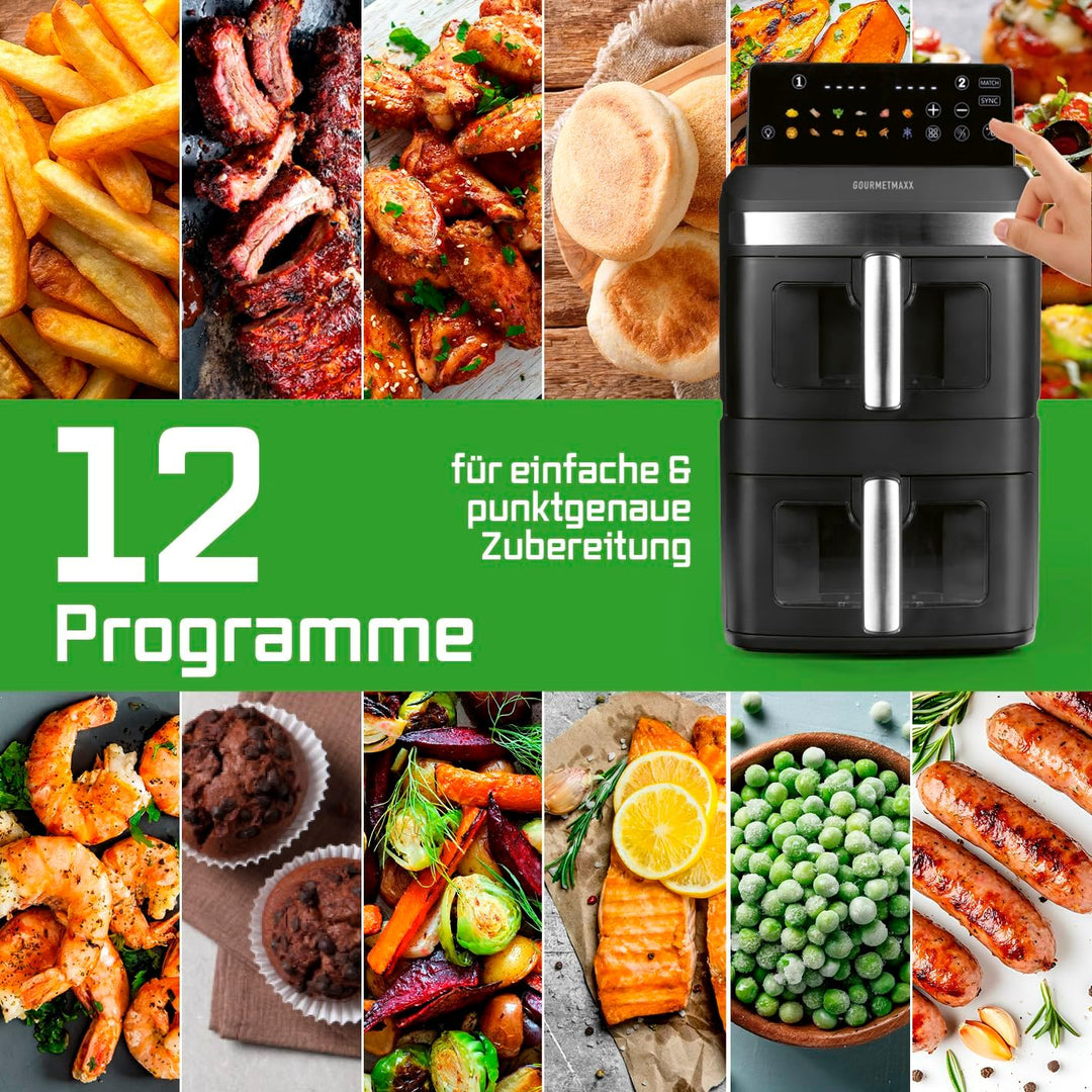 GOURMETmaxx FryUp XL vertikale Doppelkammer Heissluftfritteuse mit Sichtfenster - 12 L | Airfryer mi