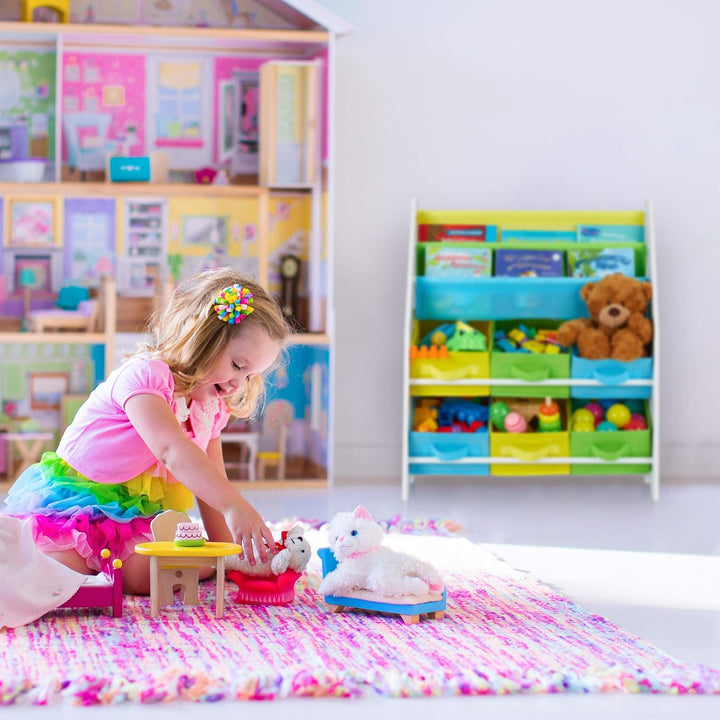 Relaxdays Kinderregal, Tiere Motiv, 6 Boxen, 2 Fächer, Kinderzimmer, Spielzeug Aufbewahrung HBT 74 x