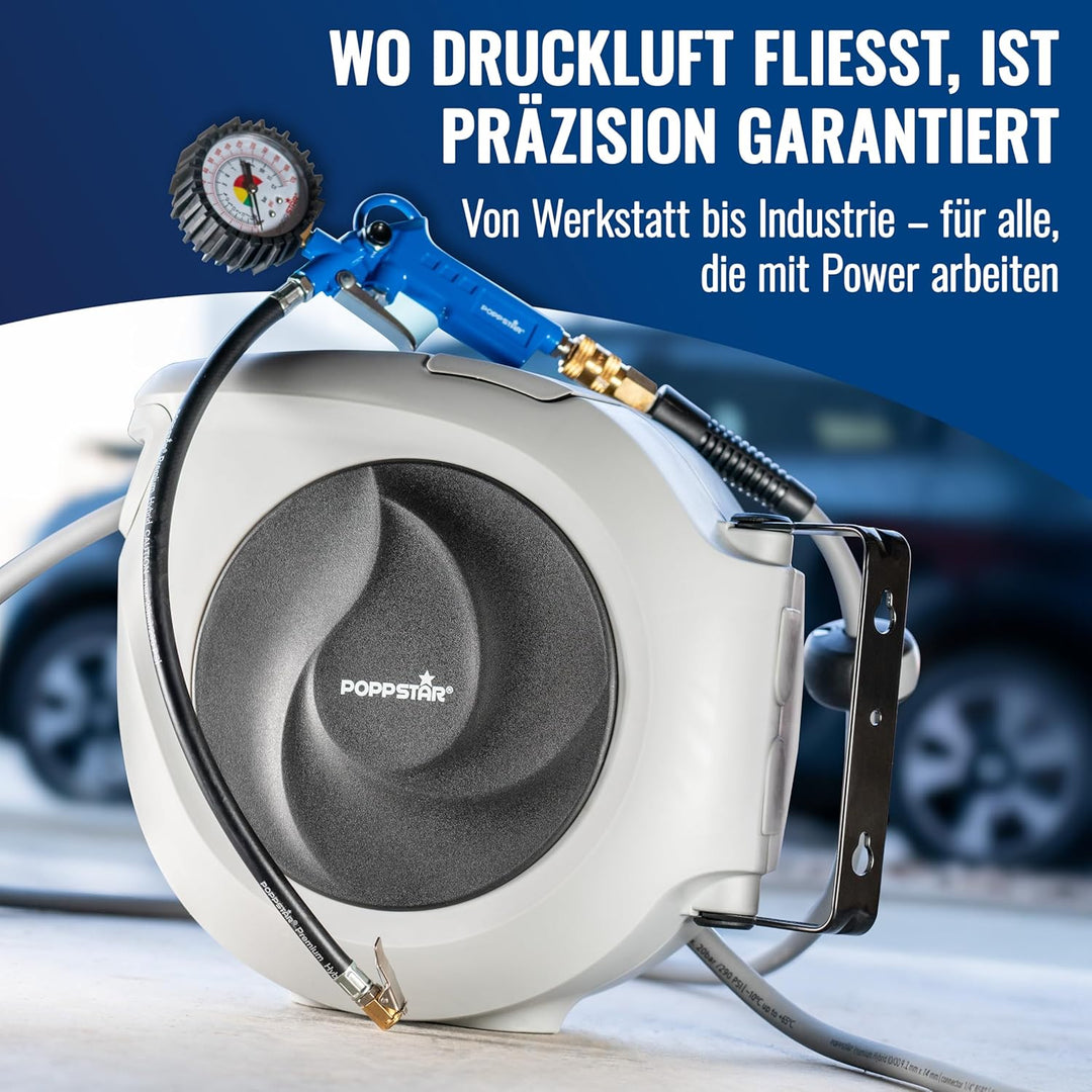 Poppstar Druckluftschlauchtrommel (15m+1,1m, Durchmesser 3/8" (9,2x14mm)) Schnellkupplung 1/4" BSPT,