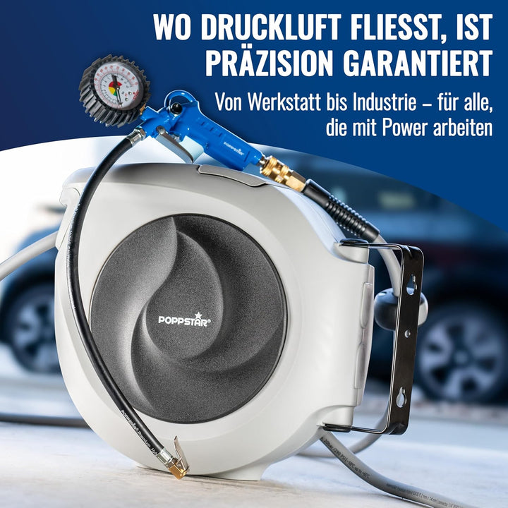 Poppstar Druckluftschlauchtrommel (15m+1,1m, Durchmesser 3/8" (9,2x14mm)) Schnellkupplung 1/4" BSPT,