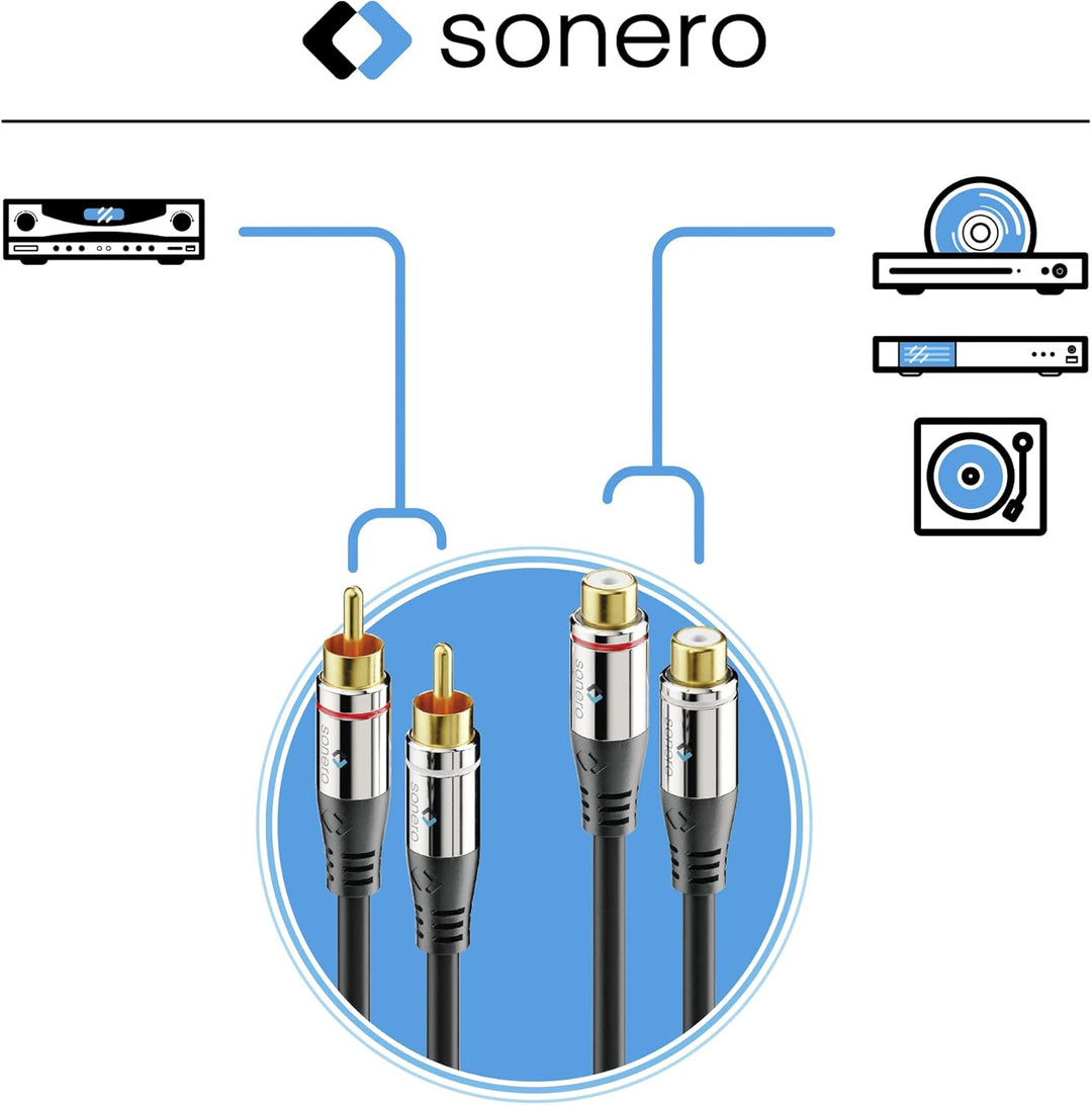 Sonero® Premium 5,00m Cinch Verlängerung, 2x RCA Stecker auf 2x Buchse, Audio Kabel, Subwoofer, HiFi