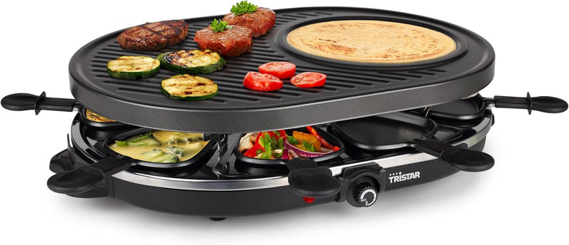 Tristar Raclette für bis zu acht Personen – Grillplatte mit Crêpe-Forme und 8 Pfännchen, RA-2996