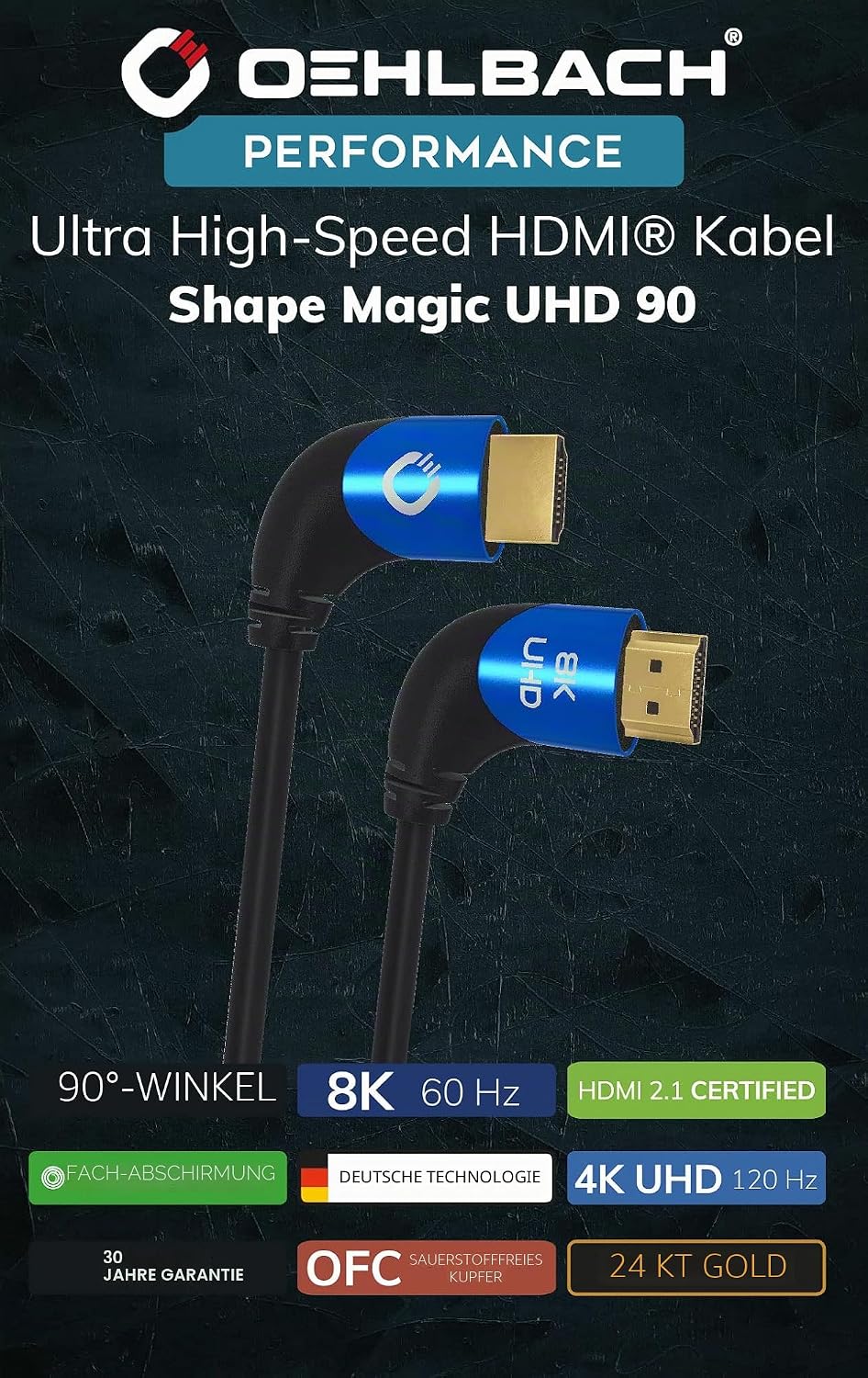 Oehlbach Shape Magic 90 UHD - 8K Ultra High Speed 2.1 HDMI-Kabel - Zertifiziert 48 Gbps (90 Grad Win