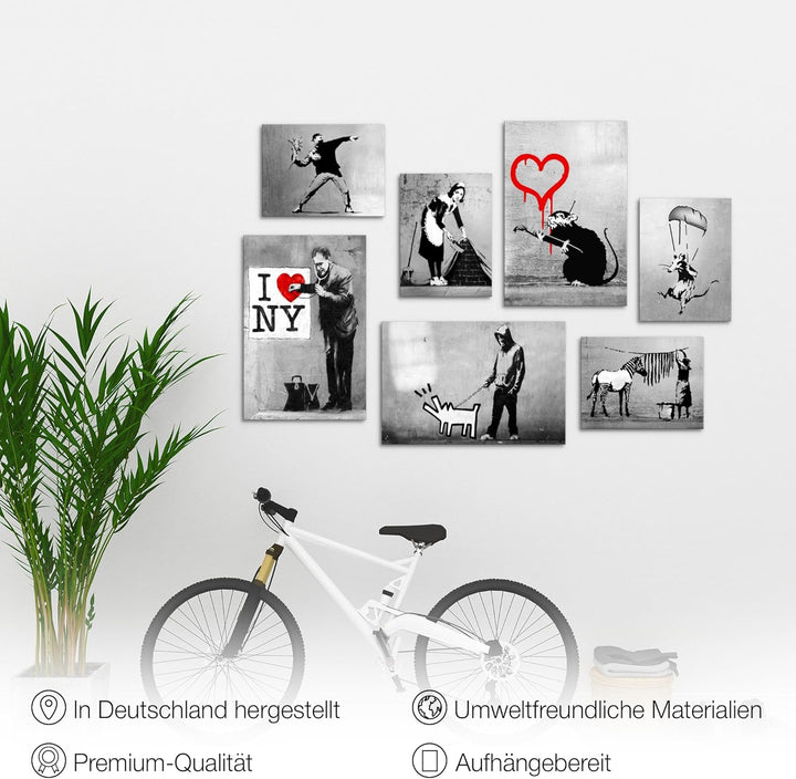 Novart Wandbilder Banksy Collage - KOMPLETT AUFHÄNGFERTIG - Street Art Wohnzimmer Büro Loft - 7 Mode