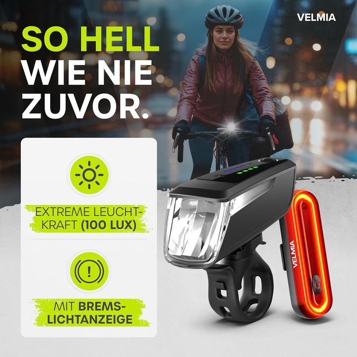 Velmia Fahrradlichter Set StVZO zugelassen mit USB Akku-Betrieb und 8,5h Leuchtdauer I LED Fahrradli