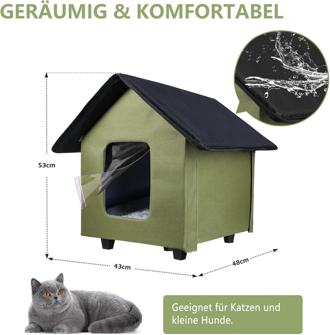 Katzenhaus für draussen, wasserdicht, mit erhöhtem Boden und abnehmbarem Kissen, Faltbarer Katzenunt
