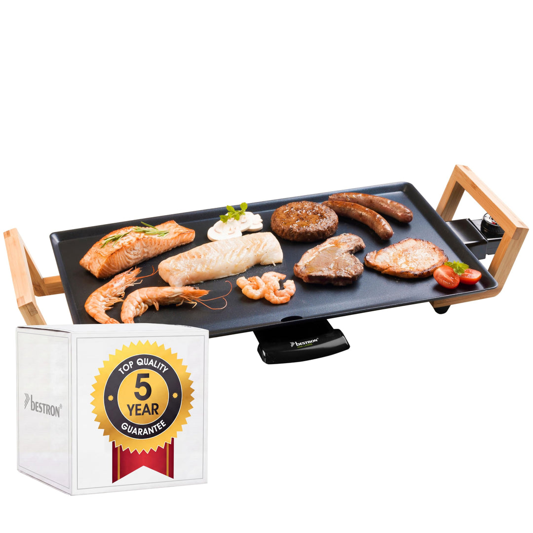 Bestron elektrischer Tischgrill, Plancha-/Teppanyaki-Grillplatte mit Antihaftbeschichtung, Grillspas