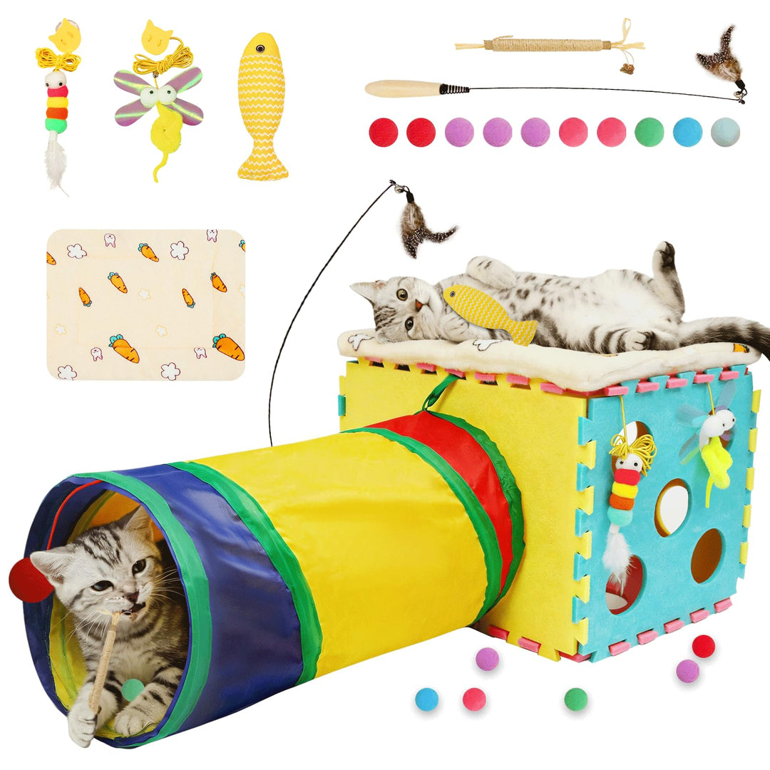 XIAPIA Katzenspielzeug Set mit Spieltunnel und Katzenhöhle, 7-teilig | Interaktives Katzen Zubehör S