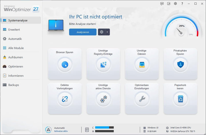WinOptimizer 27 - 3 USER Lizenz - Tuning für Windows 11 10 7 - unbegrenzte Laufzeit - Sicher, Sauber