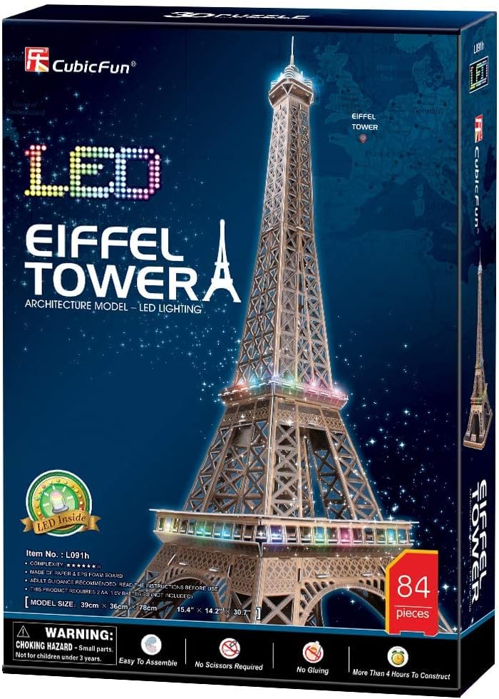 CubicFun 3D Puzzles Frankreich LED Tour Eiffel Architektur Modellbausätze für Erwachsene, DIY Paperc
