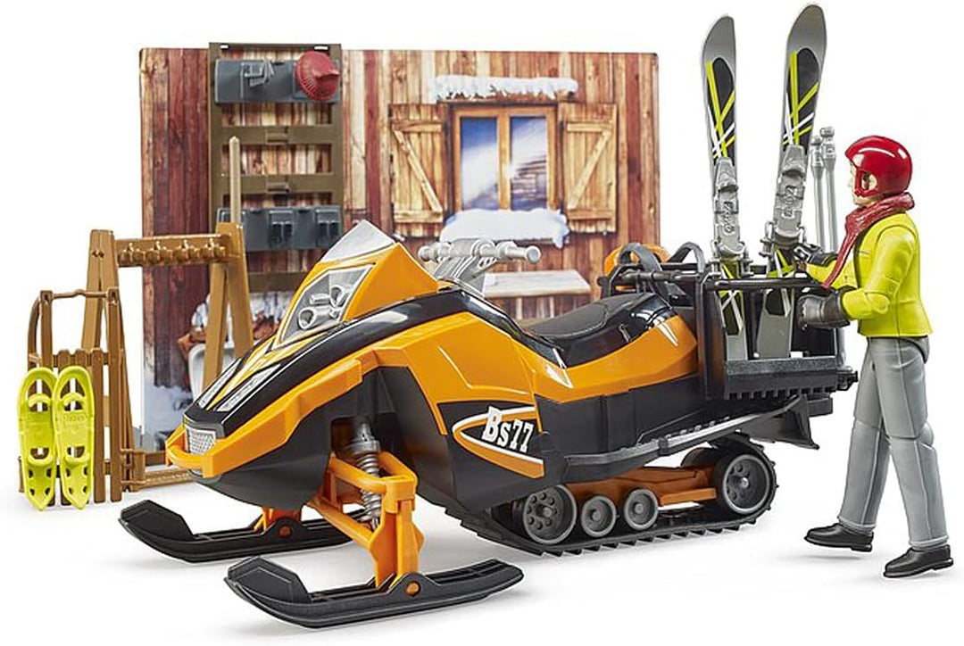 bruder 63102 - Bworld Berghütte mit Snowmobil & Figur - 1:16 Schneemobil Skifahrer Winter Spielzeug