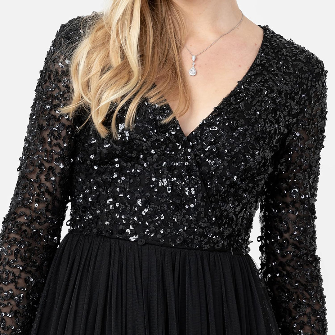 Maya Deluxe Damen Ladies Maxi Dress Women with Long Sleeves V Neckline Plunging Sequin Embellished f