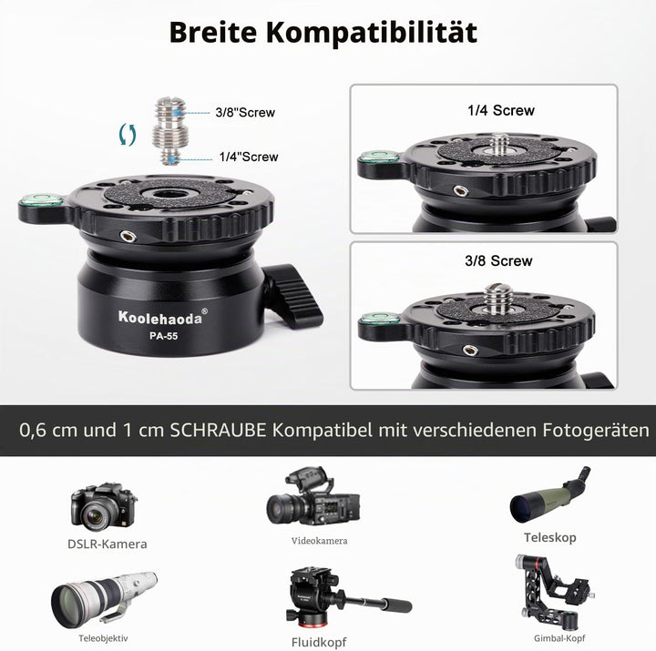 Koolehaoda PA-55 Stativ Nivellierbasis Leveling Base +/- 15 Grad Präzisionseinstellung mit 1/4 Zoll