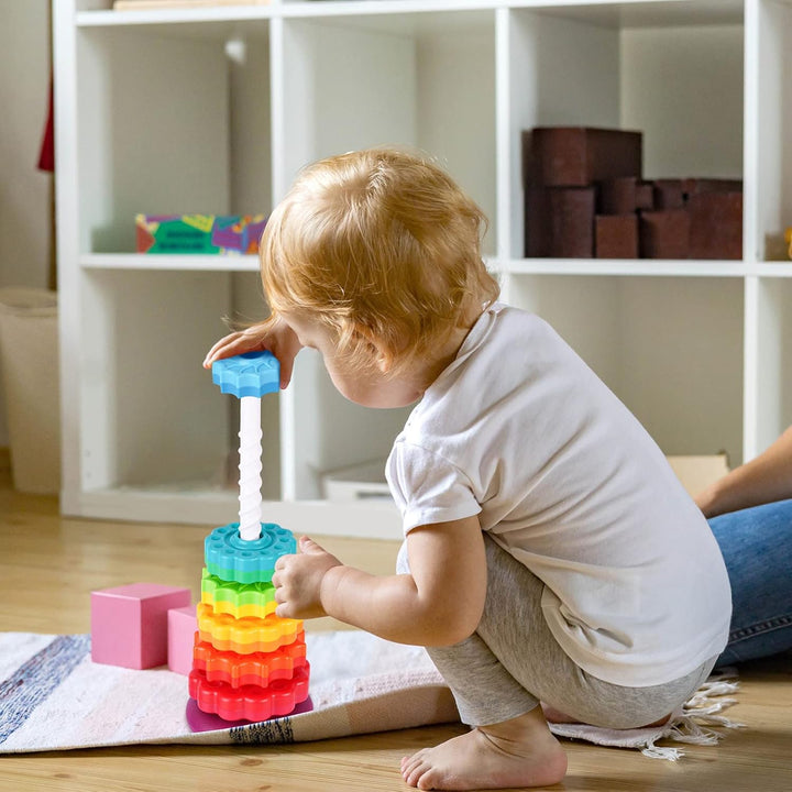 41cm Stapelturm mit Drehfunktion, Regenbogen-Stapelringe Spielzeug für Kinder, Zweifarbige drehende
