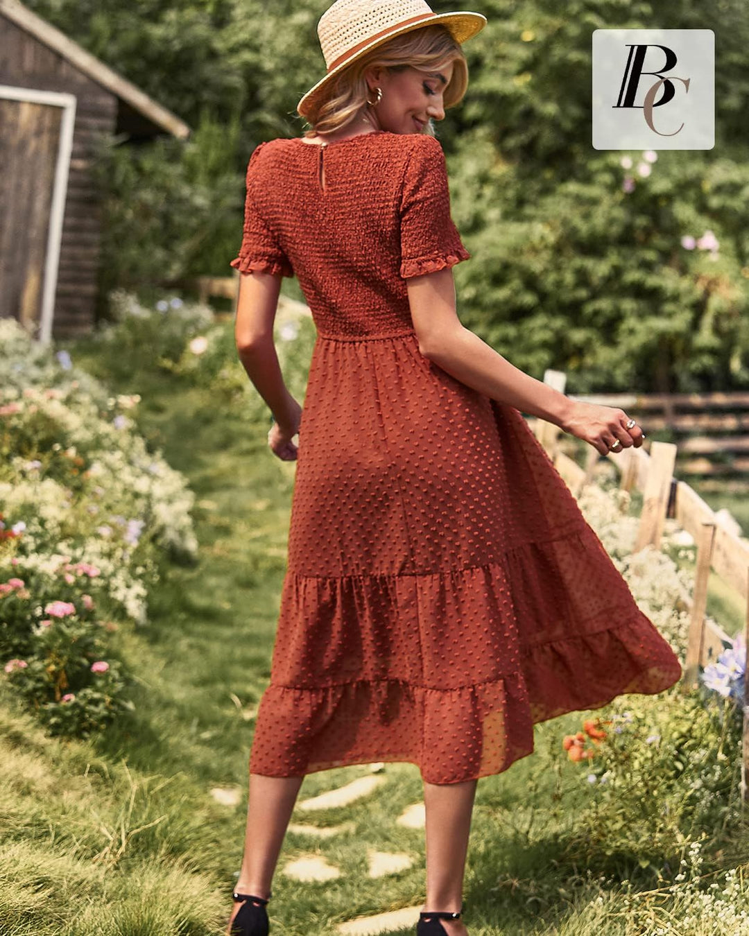 BebreezChic Damen Sommerkleid Rundhals Kurzarm Puffärmel Gerüschter Gerafftes Freizeitkleid mit Hohe