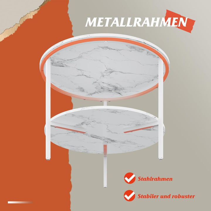 WLIVE Runder Couchtisch Weiss, Wohnzimmertisch Holz mit 2 Ebenen, Sofatisch mit viel Stauraum, für W