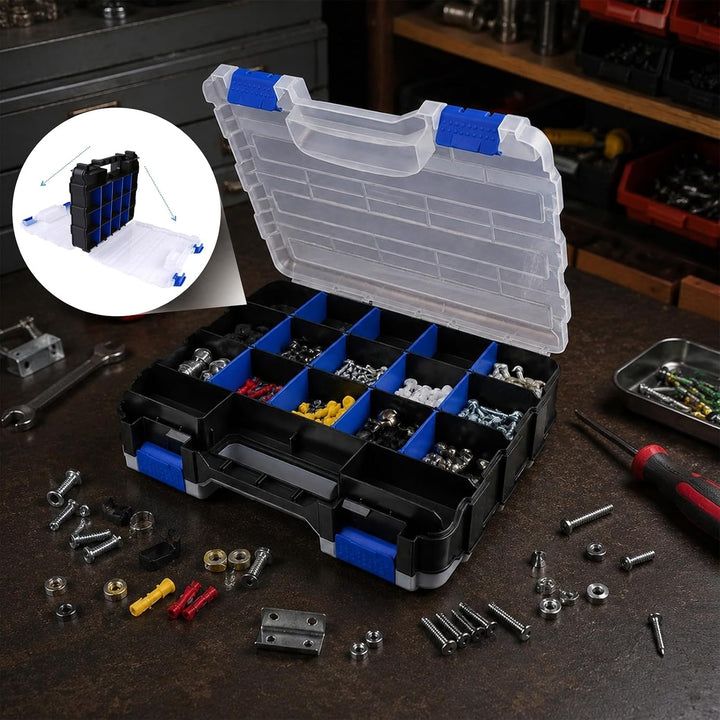 Doppelseitige Schrauben Sortierbox, 34 Fächer Kleinteile Organizer mit Abnehmbarer Trennstege, Aufbe