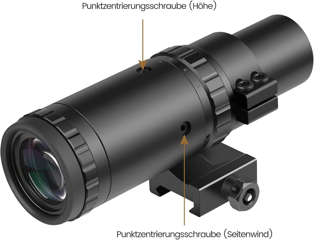 Feyachi M37 1.5X - 5X Rotpunkt-Vergrösserer mit Flip-to-Side-Montage und Fokuseinstellung, optischer