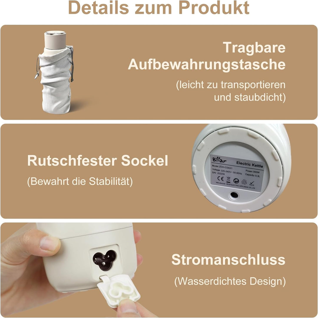 Bear 300ml 4-Temperatur Elektrischer Wasserkocher 3-in-1 Reise Elektrischer Wasserkocher Doppelschic