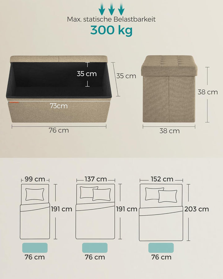 SONGMICS Sitzbank mit Stauraum, klappbare Sitztruhe, Aufbewahrungsbox, 38 x 76 x 38 cm, Deckel klapp