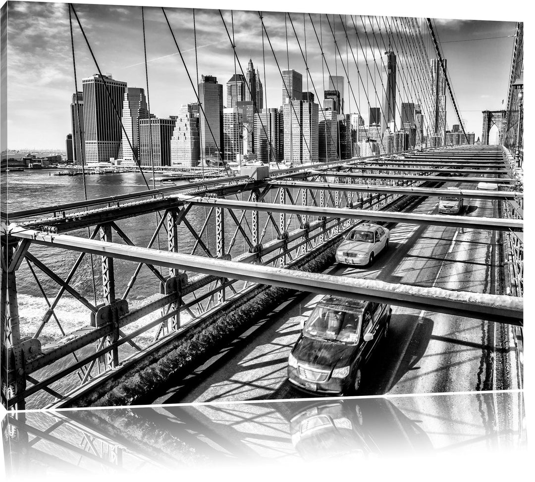 Pixxprint Monocrome, Gelbes Taxi in New York auf Brücke, Format: 100x70 auf Leinwand, 100x70