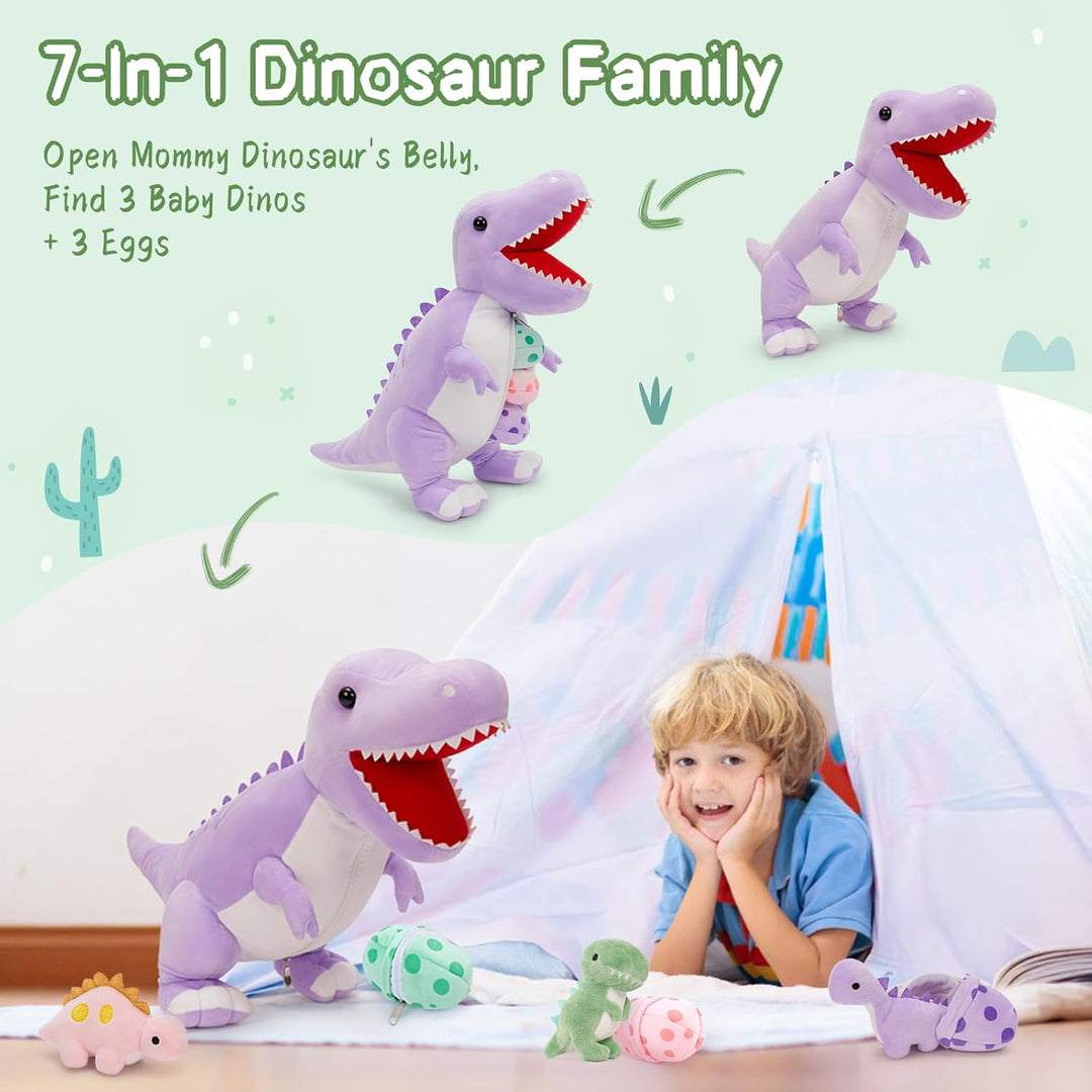 MorisMos 60cm hoch riesen Dino Kuscheltier XXL Lila mit 3 Baby im Bauch, gross Dinosaurier Plüschtie