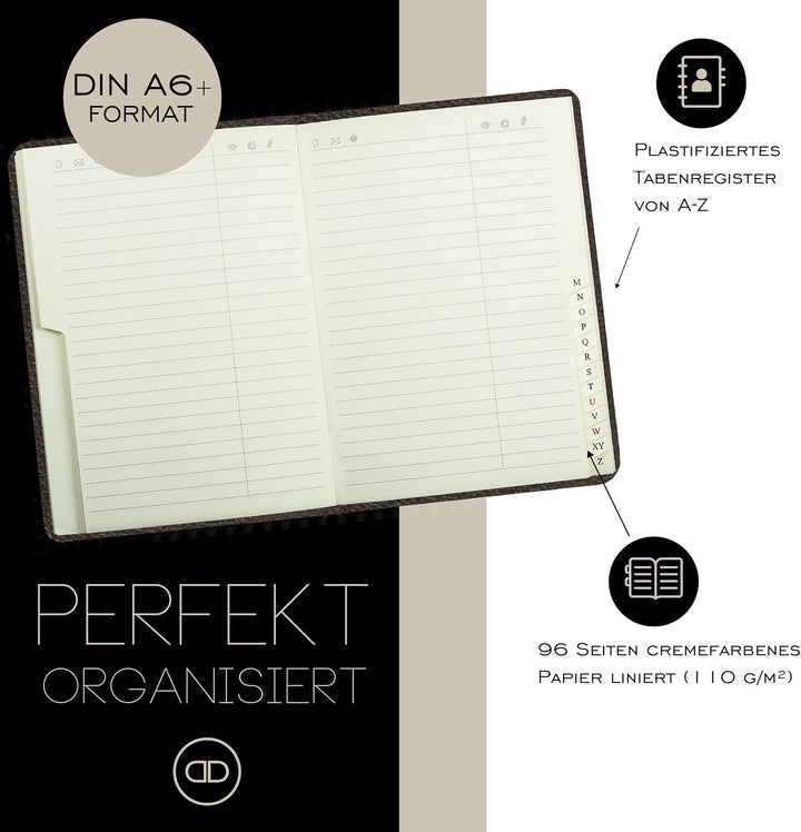 DELMON VARONE - Personalisierbares Adressbuch DIN A6 gebunden mit A-Z Register Vintage Anilin Leder