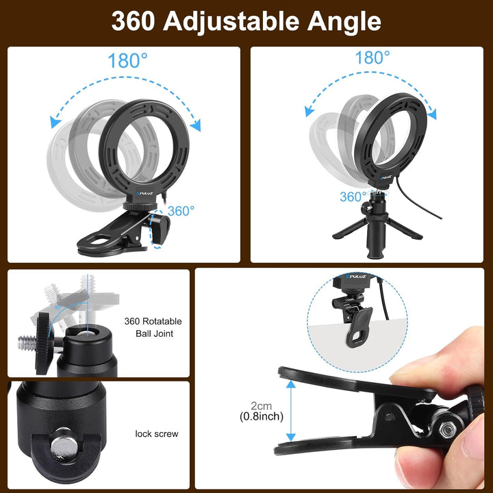 PULUZ Ringlicht PC mit Clip & Stativ 5 Zoll Videokonferenz Licht Dimmbares 3 Lichtfarben+Helligkeit