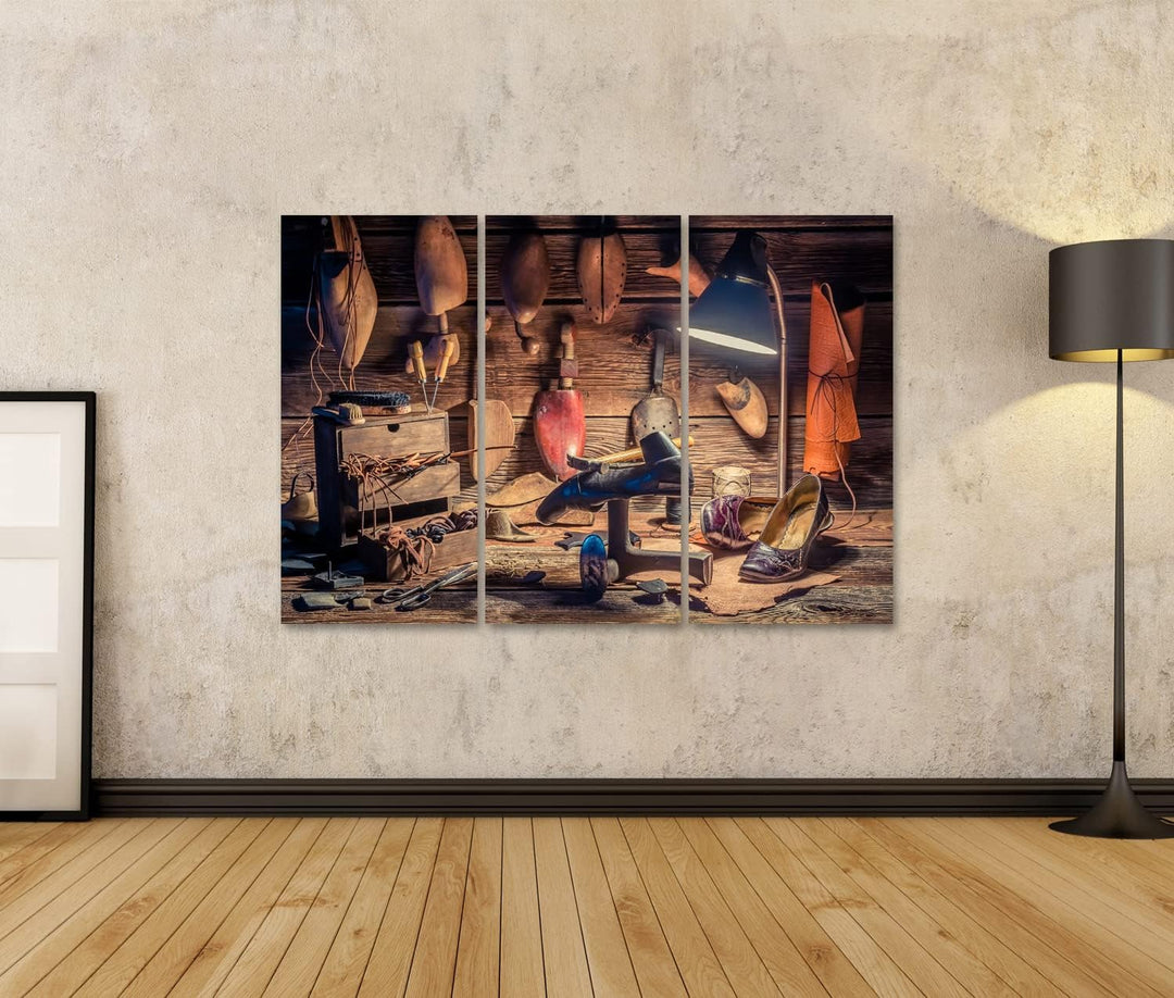 islandburner Bild auf Leinwand Vintage Schuster Arbeitsplatz Mit Pinsel Und Schuhen Bilder Wandbilde