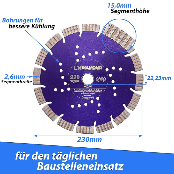 LXDIAMOND Diamant-Trennscheibe 230mm x 22,23mm - Segmente 15mm - passend für Beton Stahlbeton Waschb